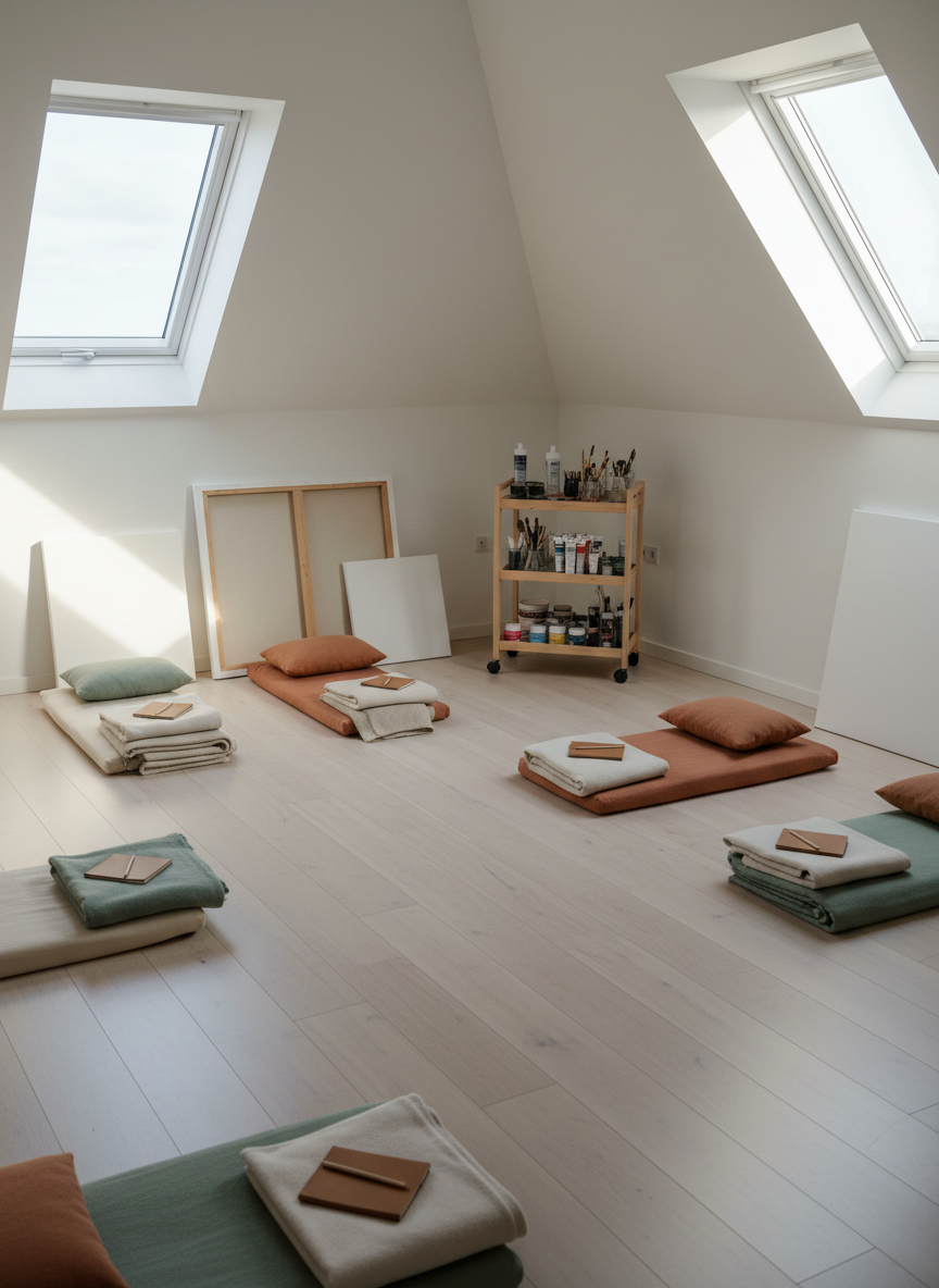 Ein ruhiger Seminarraum im Dachgeschoss eines Hauses an der Nordsee: heller Holzboden, sorgfältig ausgerichtete Meditationskissen in gedeckten Naturfarben, daneben gefaltete Decken und jeweils ein schlichtes Notizbuch mit Stift. An einer Wand lehnen große, leere Leinwände und ein kleiner Wagen mit hochwertigen Acrylfarben, Pinseln und Glasgefäßen mit sauber geordnetem Material – ein stiller Hinweis auf kreative Selbsterfahrung. Durch ein großes Dachfenster strömt weiches, nordisches Nachmittagslicht, das sanfte Schatten auf den Boden zeichnet. Fotografisch realistischer Stil, aufgenommen aus leicht erhöhter Ecke, mit klarer Schärfe und ruhiger, symmetrischer Komposition. Die Atmosphäre ist konzentriert, still, erwartungsvoll – ein Raum, in dem innere Prozesse, Potenzialentfaltung und persönliches Wachstum stattfinden können.