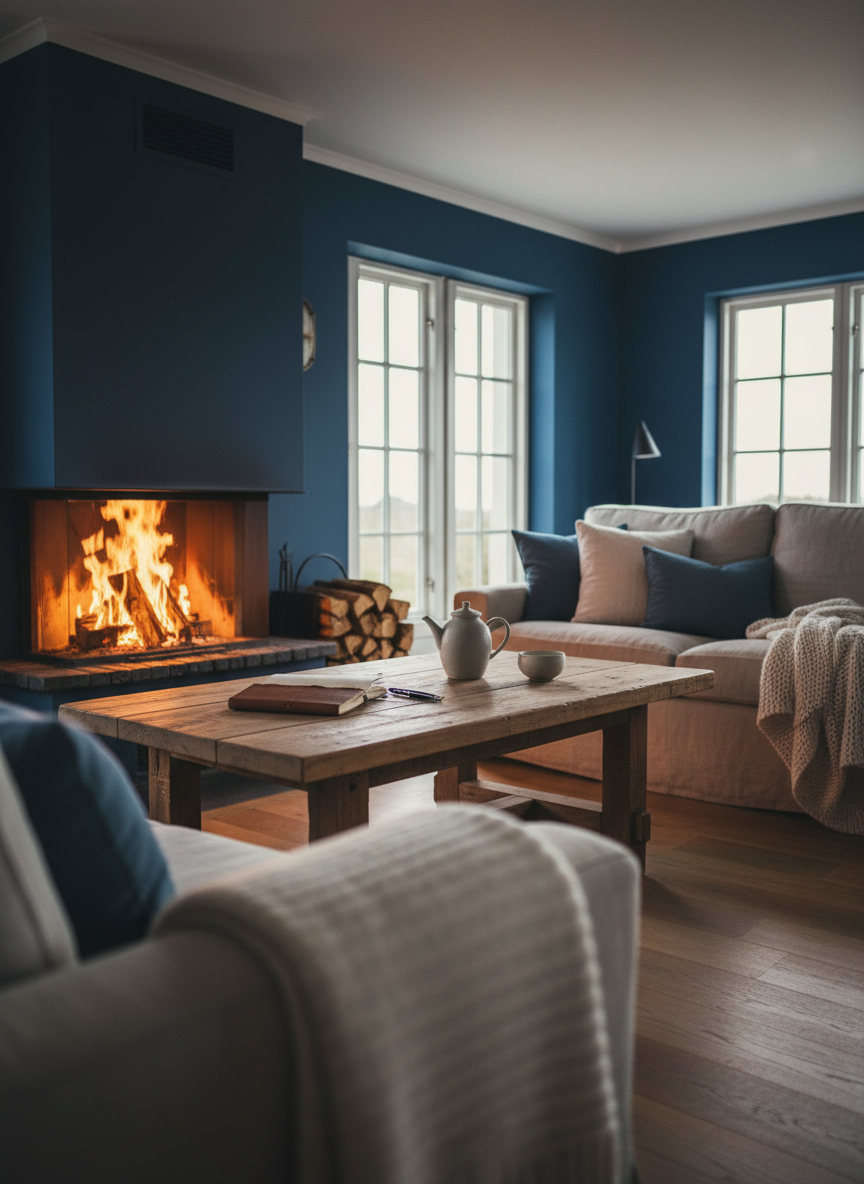 Das Interieur eines stilvollen Bed and Breakfast an der Nordsee: ein großzügiges Wohnzimmer im „Blauen Haus“ mit dunkelblau gestrichenen Wänden, einem knisternden Kaminfeuer mit sichtbaren Flammen und sorgfältig gestapelten Holzscheiten. Davor ein weiches Leinen-Sofa in Naturtönen mit grob gestrickten Decken und mehreren strukturierten Kissen. Auf einem massiven Holz-Couchtisch stehen eine schlichte Keramikteekanne, ein Notizbuch und ein hochwertiger Füller, dezent arrangiert. Warmes, flackerndes Kaminlicht mischt sich mit sanftem, natürlichem Abendlicht durch große Fenster, wodurch goldene Reflexe auf Holz und Stoffen entstehen. Fotografische, elegante Ästhetik, aufgenommen auf Augenhöhe mit leichter Tiefenunschärfe im Hintergrund. Die Atmosphäre wirkt behaglich, einladend und bietet Raum für Reflexion, Schreiben und persönliche Entwicklung.