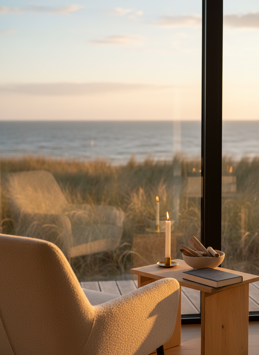 Eine großzügige, bodentiefe Fensterfront mit Blick auf die Nordsee bei goldenem Abendlicht, innen ein einzelner, einladender Lesesessel aus weichem Bouclé-Stoff in warmem Cremeweiß, davor ein schmaler Beistelltisch aus hellem Holz mit brennender Stabkerze, einer schönen Keramikschale mit Treibholzstücken und einem geschlossenen, hochwertigen Buch ohne sichtbaren Titel. Draußen wiegen sich Dünengräser im Wind, das Meer glitzert sanft im Gegenlicht, der Himmel zeigt zarte Pastellfarben. Das warme Innenlicht verschmilzt mit dem goldenen Außenlicht und erzeugt eine beruhigende, fast zeitlose Stimmung. Fotografische Realistik, leicht seitliche Perspektive, Tiefenschärfe auf Sessel und Tisch, die Landschaft leicht weichgezeichnet. Die Szene strahlt tiefe Entschleunigung, Geborgenheit und die Möglichkeit innerer Einkehr aus, perfekt für ein Retreat zu Leib, Seele und Lebensfreude.